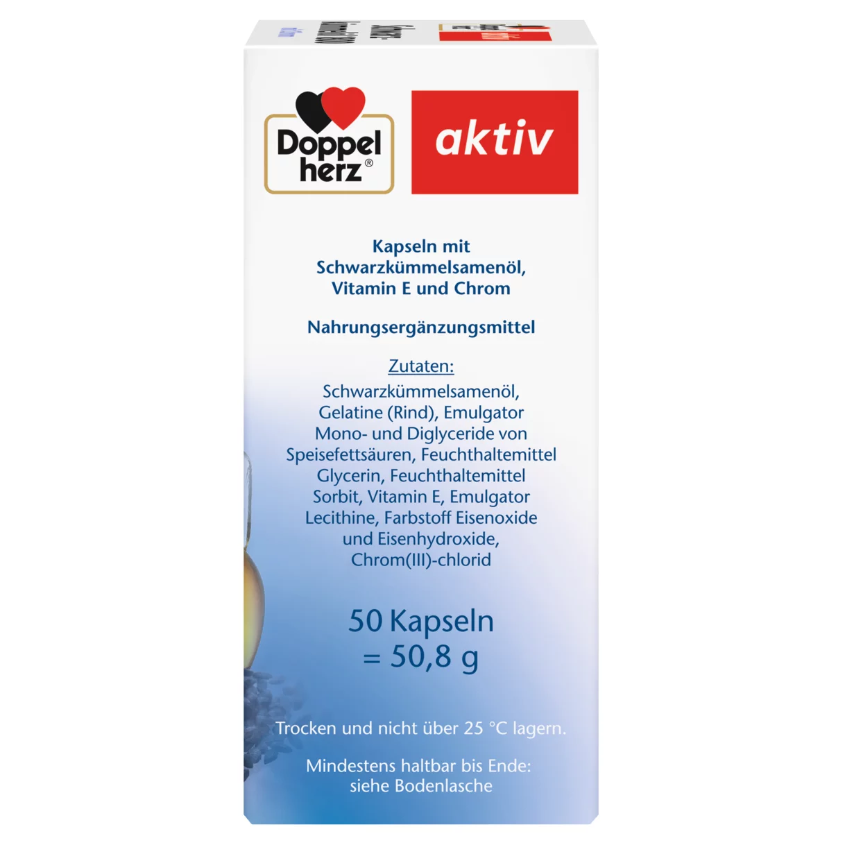 Abbildung der Produktverpackung Doppelherz aktiv Schwarzkümmelöl 1800 Seitenansicht rechts